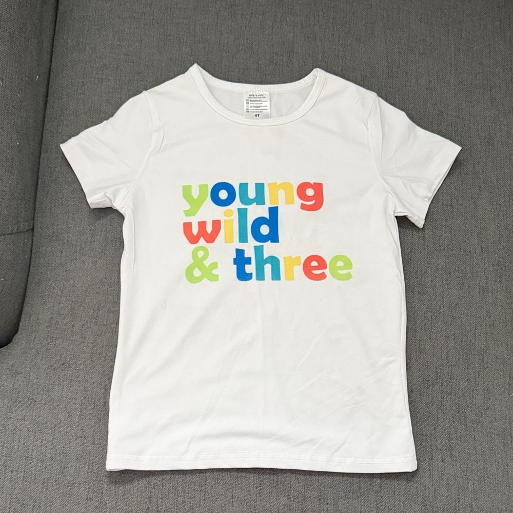 White "Young Wild & Three" Graphic Tee for Kids, 4T